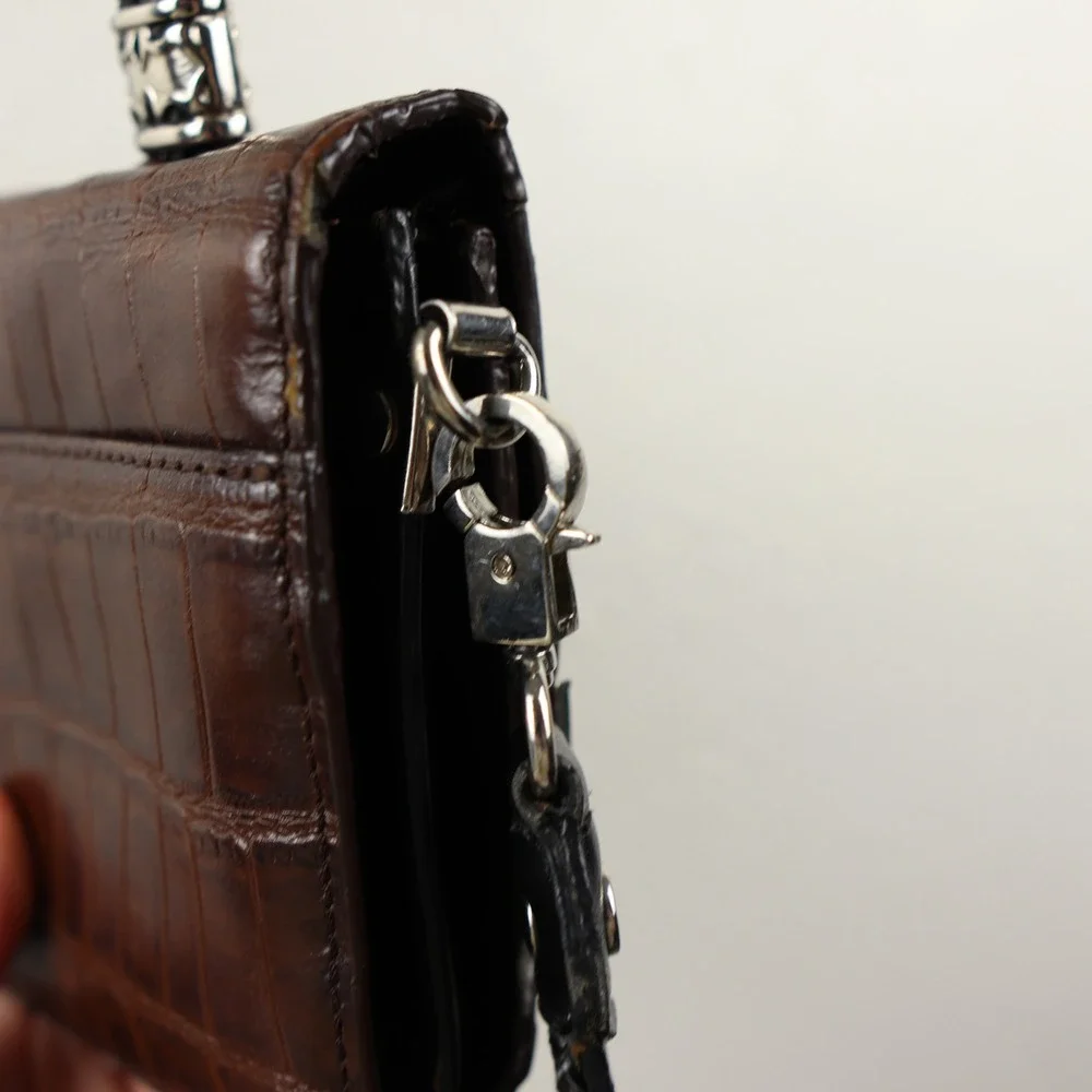 Mark Chantal Y2K 90s Dark Brown Croc Embossed Handbag Heart Charm Clutch Crssbdy
